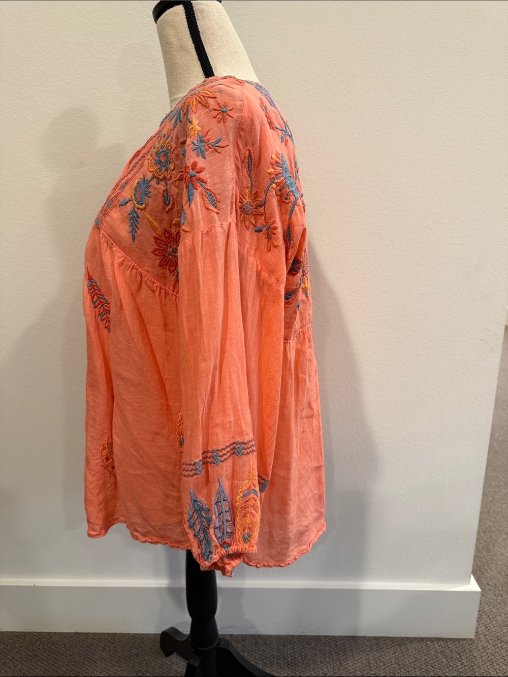 Johnny Was Coral Tunic with Blue Floral Embroidery - Picture 2 of 4